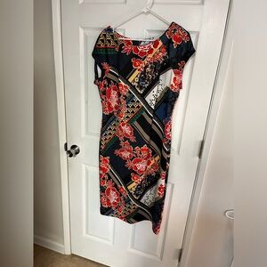 Beige by eco women’s size 12 cap sleeve dress back zipper Asian Chinese print